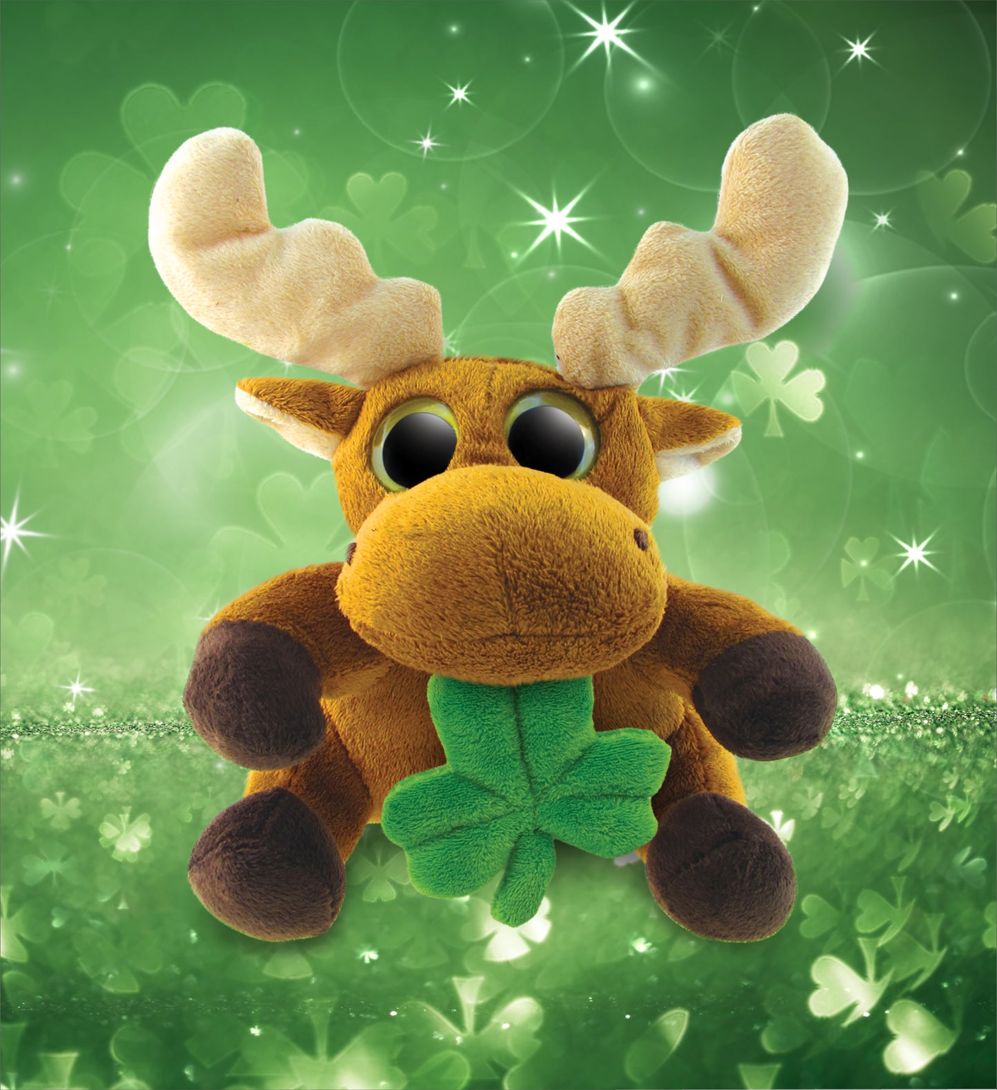 DolliBu Big Eyes Moose Stuffed Animal with Green Plush Shamrock - 6.5 Inches