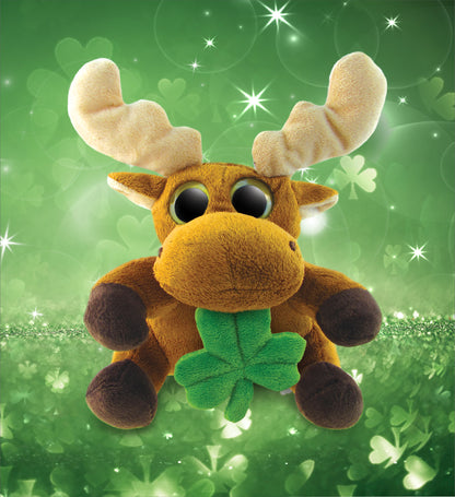 DolliBu Big Eyes Moose Stuffed Animal with Green Plush Shamrock - 6.5 Inches