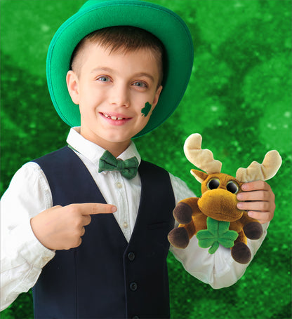 DolliBu Big Eyes Moose Stuffed Animal with Green Plush Shamrock - 6.5 Inches