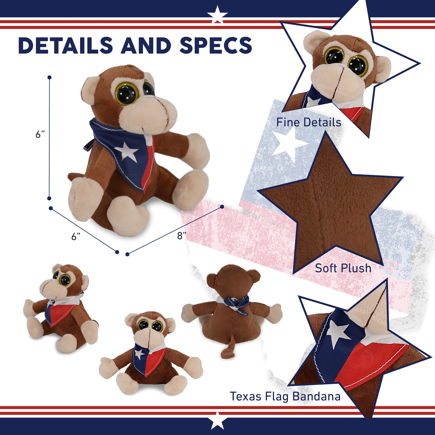 BIG EYE 6' PLUSH - MONKEY WITH TEXAS FLAG BANDANA