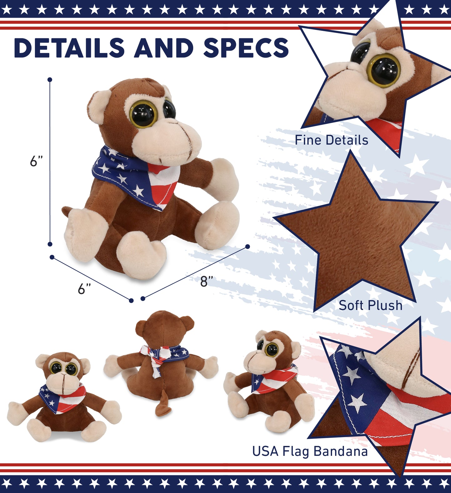 BIG EYE 6' PLUSH - MONKEY WITH USA FLAG BANDANA