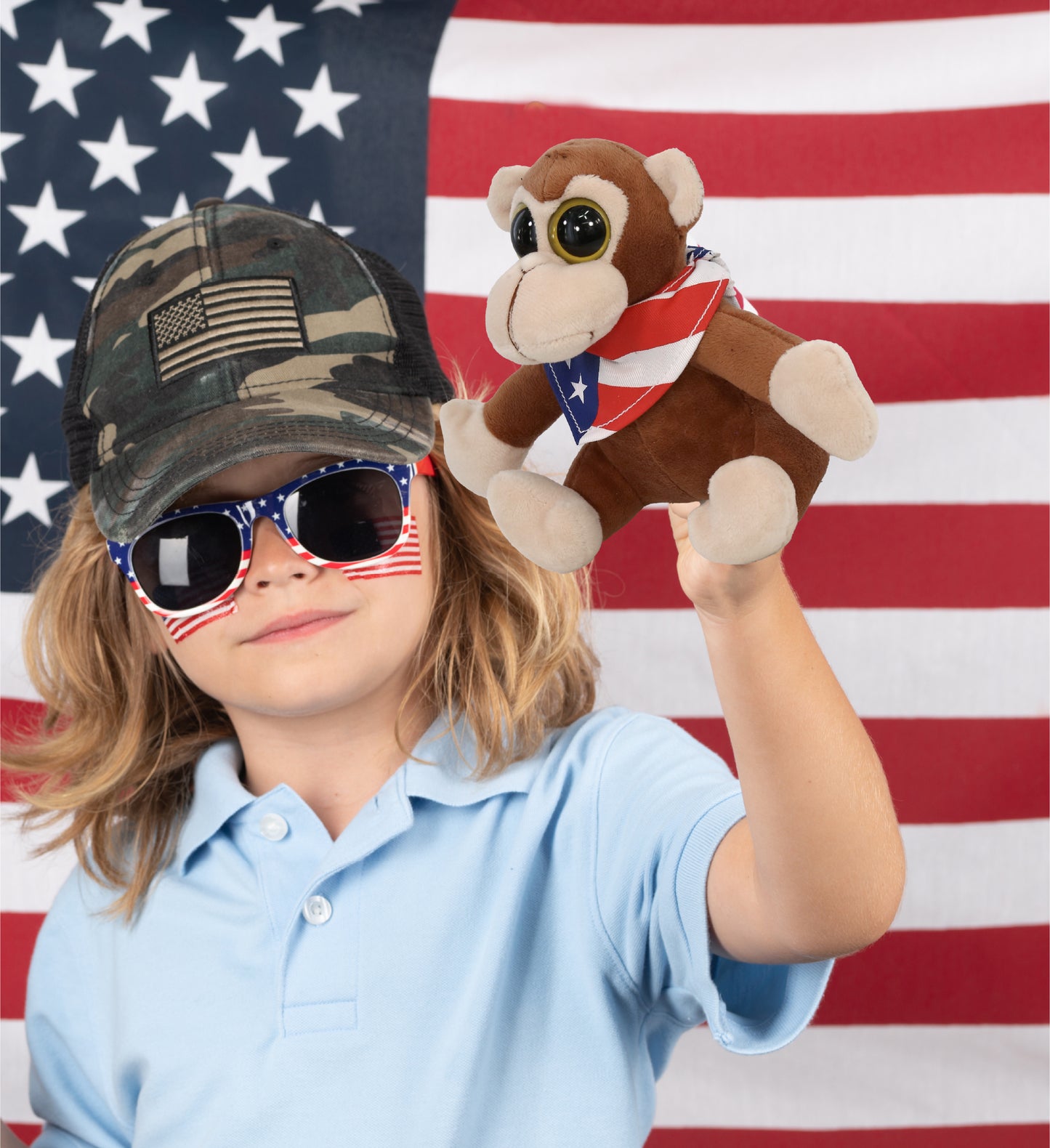 BIG EYE 6' PLUSH - MONKEY WITH USA FLAG BANDANA