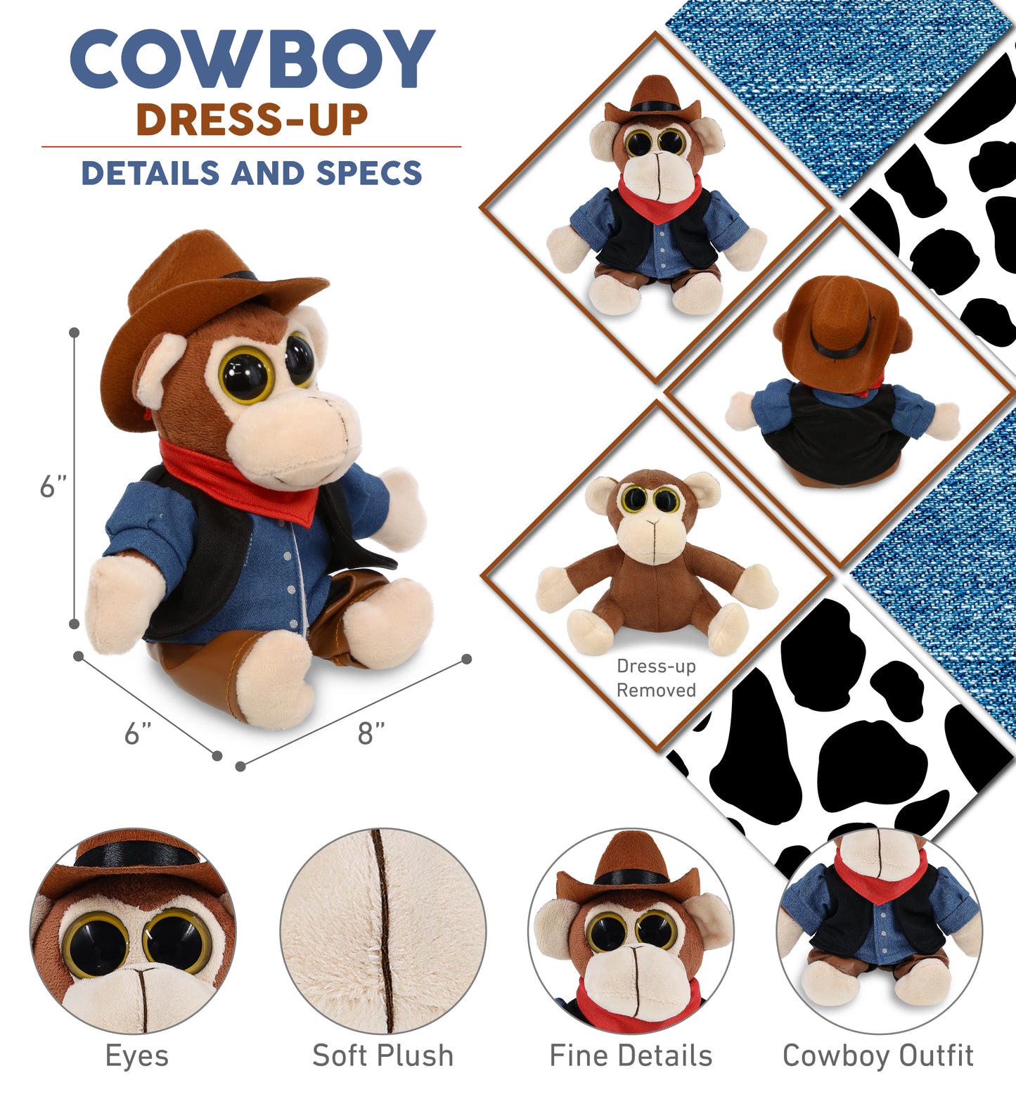 BIG EYE 6' PLUSH - MONKEY COWBOY DRESS UP
