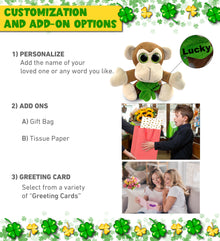 DolliBu Big Eye Monkey Stuffed Animal with Green Plush Shamrock - 6 Inches