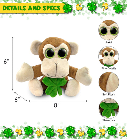 DolliBu Big Eye Monkey Stuffed Animal with Green Plush Shamrock - 6 Inches