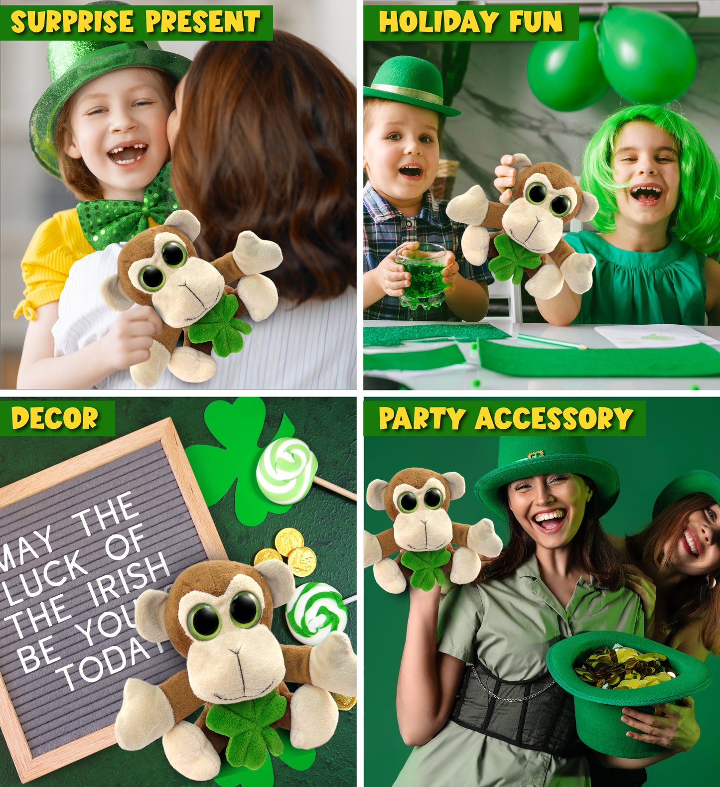 DolliBu Big Eye Monkey Stuffed Animal with Green Plush Shamrock - 6 Inches