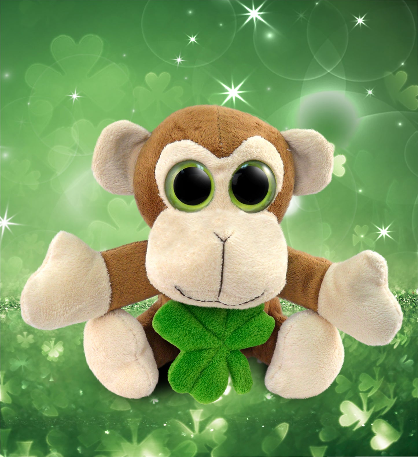 DolliBu Big Eye Monkey Stuffed Animal with Green Plush Shamrock - 6 Inches