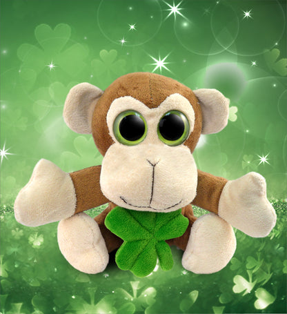DolliBu Big Eye Monkey Stuffed Animal with Green Plush Shamrock - 6 Inches