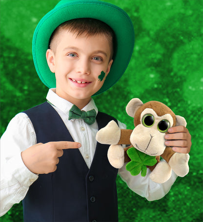 DolliBu Big Eye Monkey Stuffed Animal with Green Plush Shamrock - 6 Inches