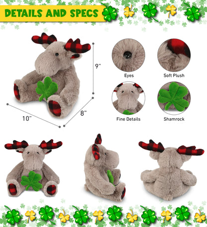 DolliBu Plaid Beige Moose Stuffed Animal with Green Plush Shamrock - 10 Inches