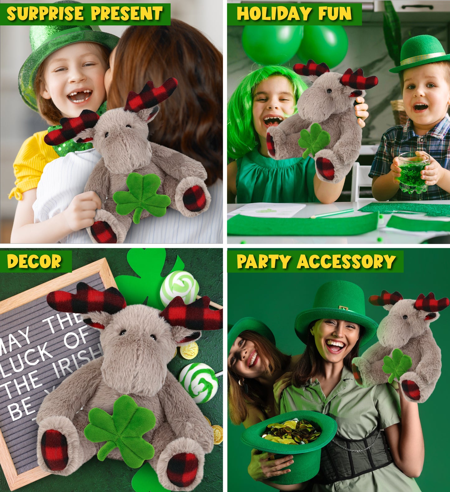 DolliBu Plaid Beige Moose Stuffed Animal with Green Plush Shamrock - 10 Inches