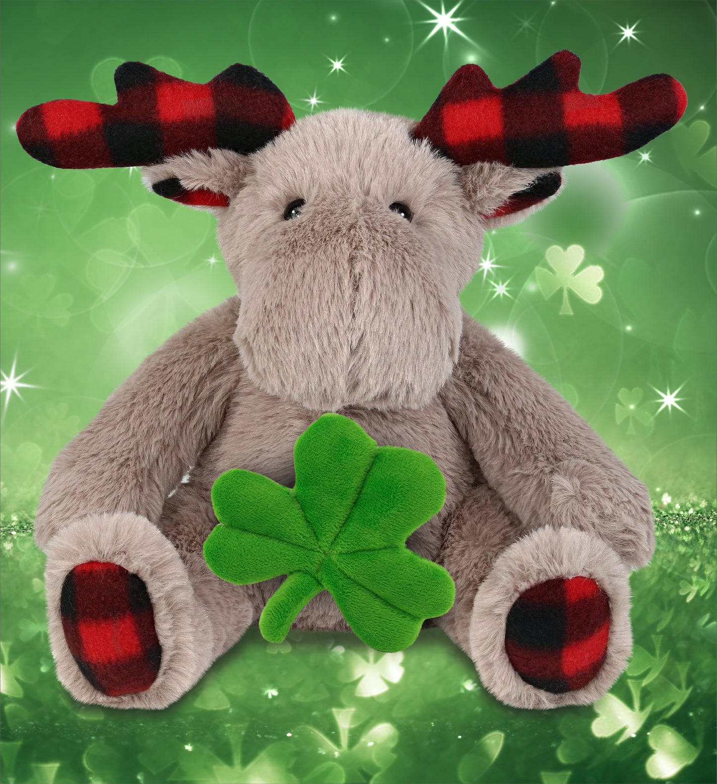 DolliBu Plaid Beige Moose Stuffed Animal with Green Plush Shamrock - 10 Inches
