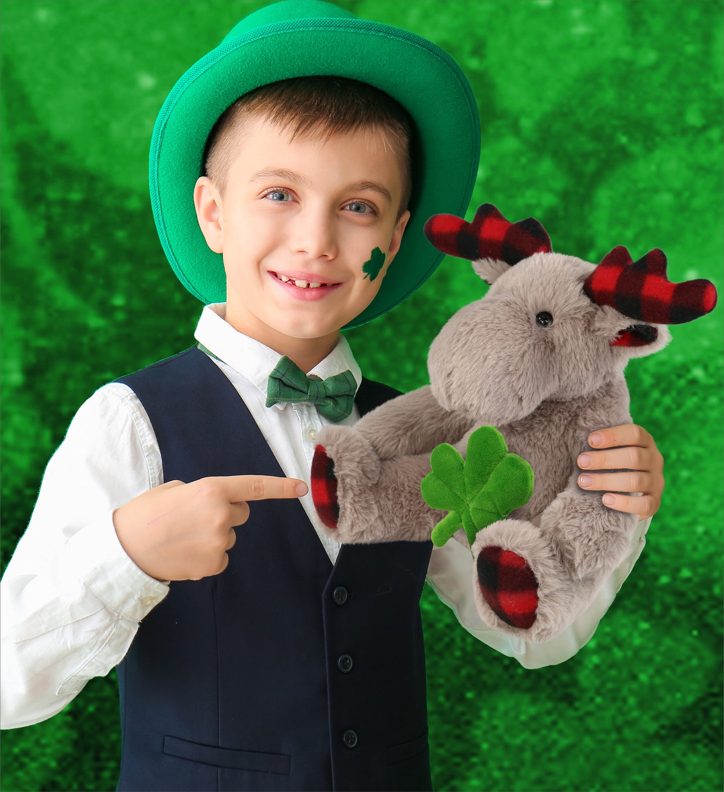 DolliBu Plaid Beige Moose Stuffed Animal with Green Plush Shamrock - 10 Inches