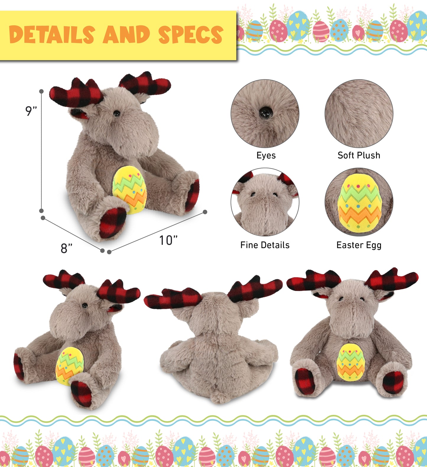 DolliBu Super Soft Plaid Beige Moose with Yellow Easter Egg Plush - 10 Inches