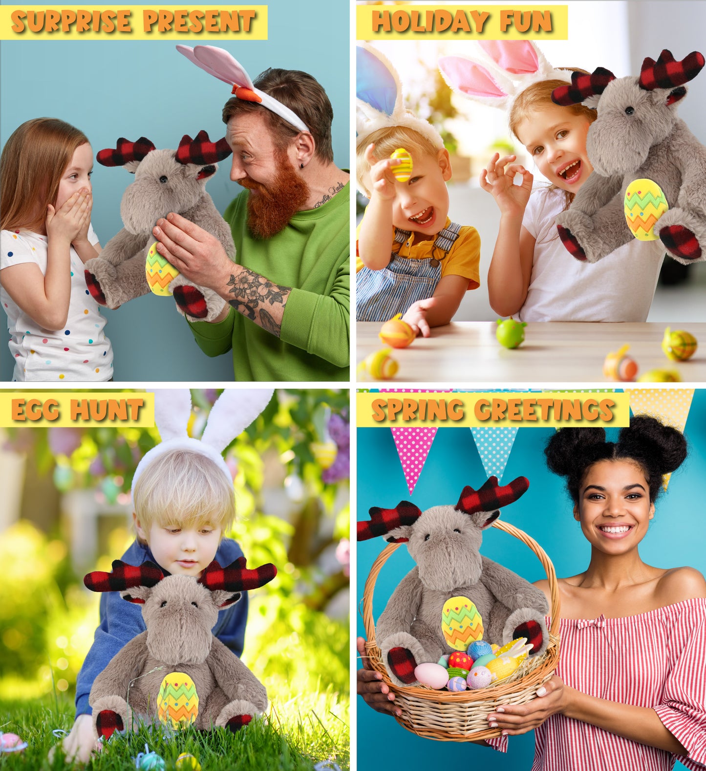 DolliBu Super Soft Plaid Beige Moose with Yellow Easter Egg Plush - 10 Inches