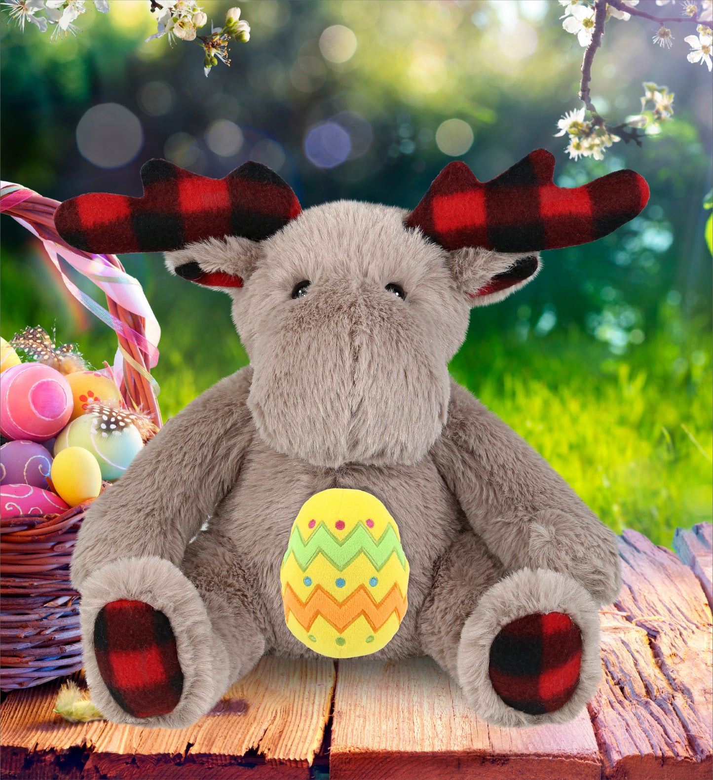 DolliBu Super Soft Plaid Beige Moose with Yellow Easter Egg Plush - 10 Inches