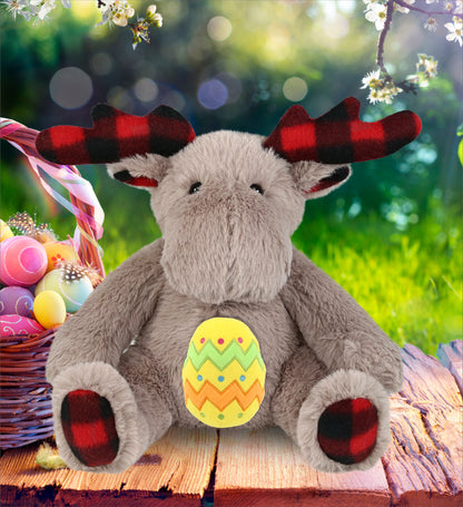 DolliBu Super Soft Plaid Beige Moose with Yellow Easter Egg Plush - 10 Inches