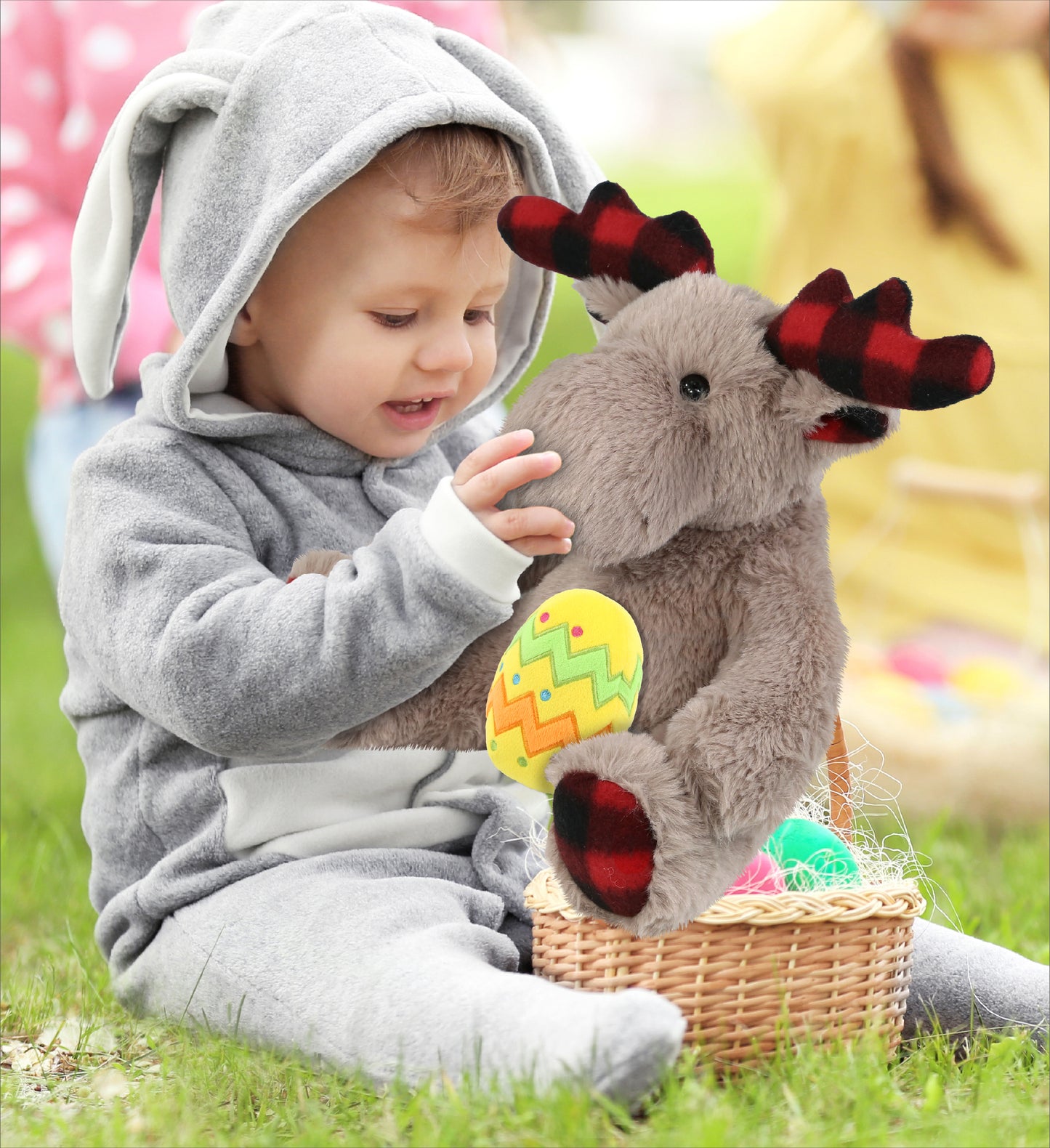 DolliBu Super Soft Plaid Beige Moose with Yellow Easter Egg Plush - 10 Inches