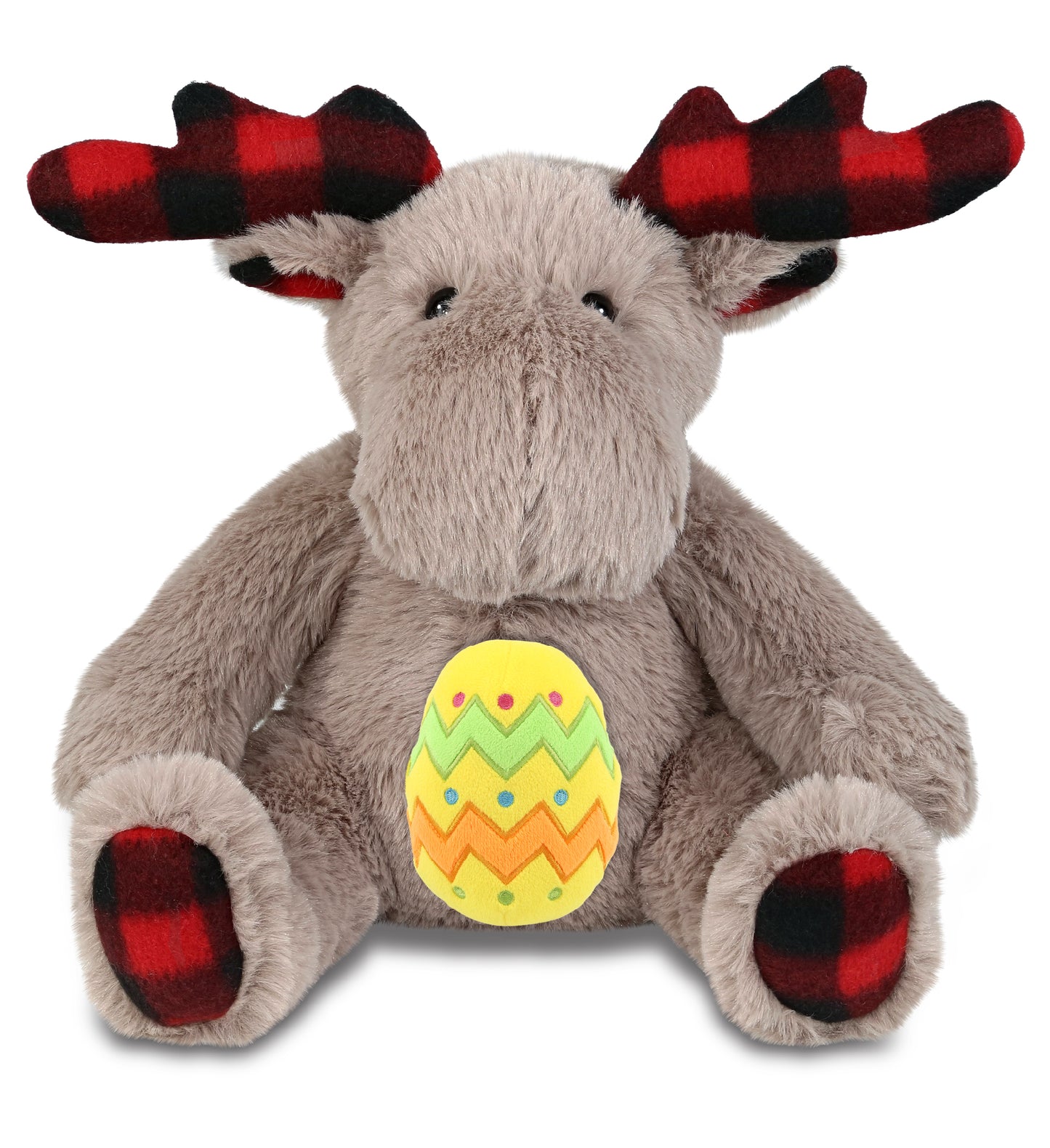 DolliBu Super Soft Plaid Beige Moose with Yellow Easter Egg Plush - 10 Inches