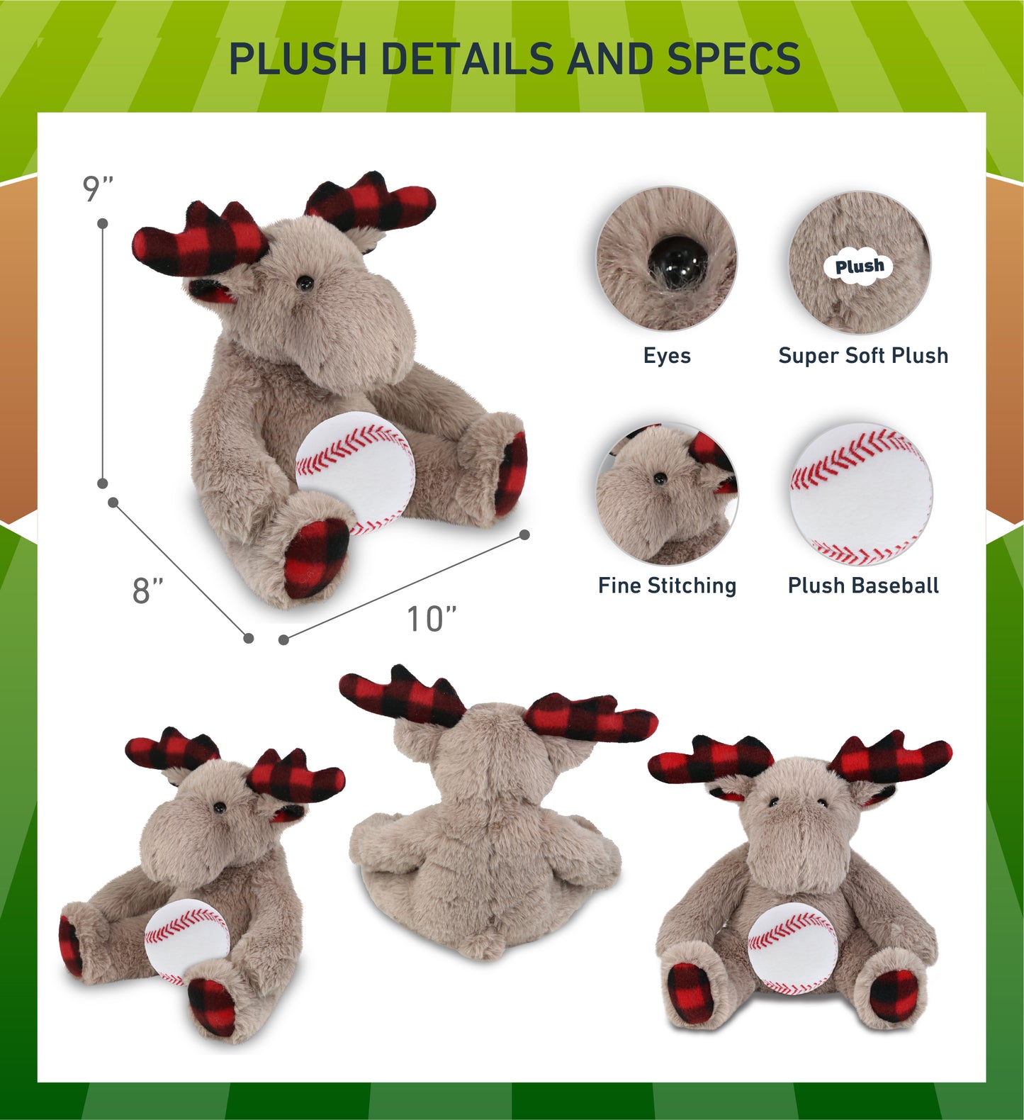 SUPER SOFT PLUSH - PLAID BEIGE MOOSE with Baseball Plush