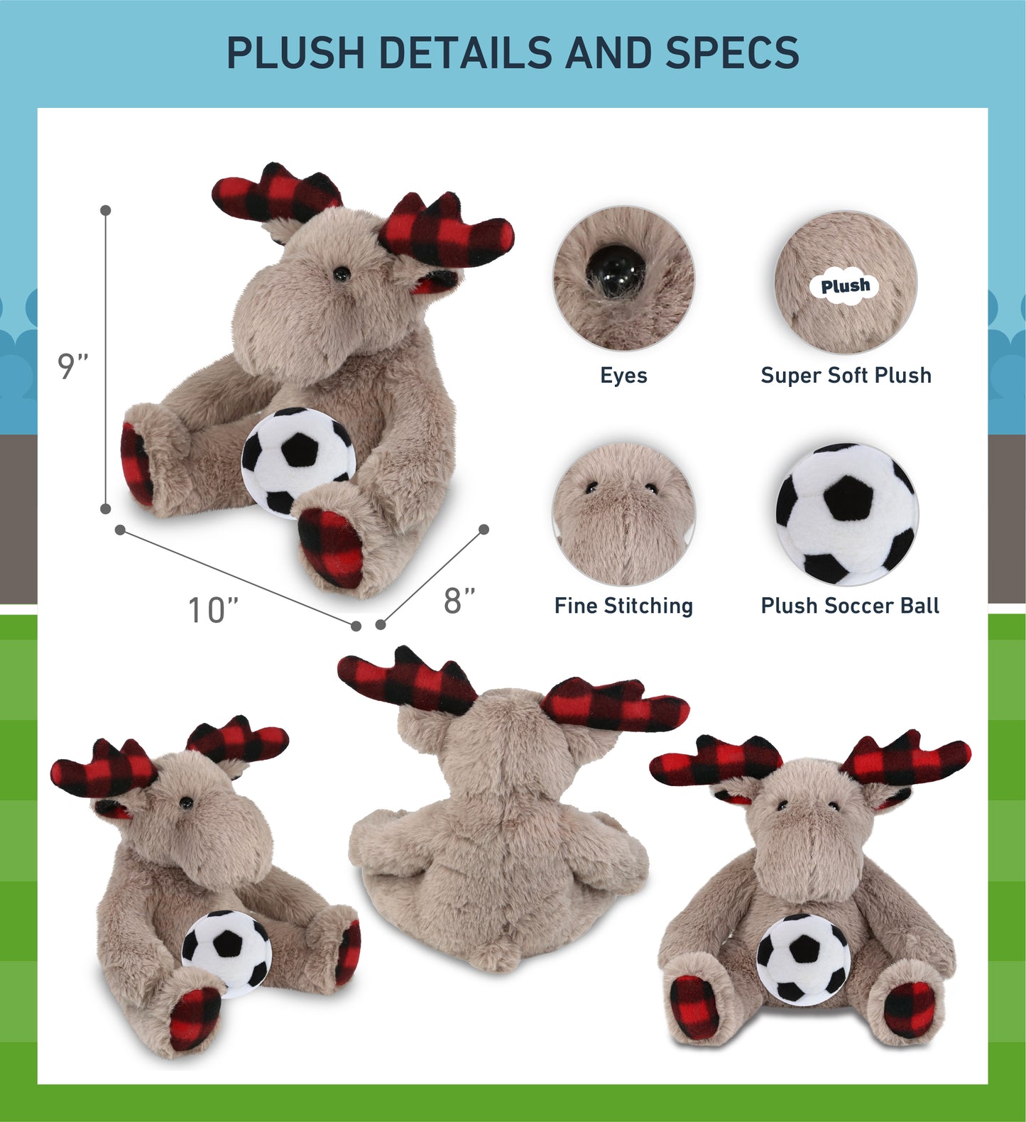 SUPER SOFT PLUSH - PLAID BEIGE MOOSE with Soccer Plush