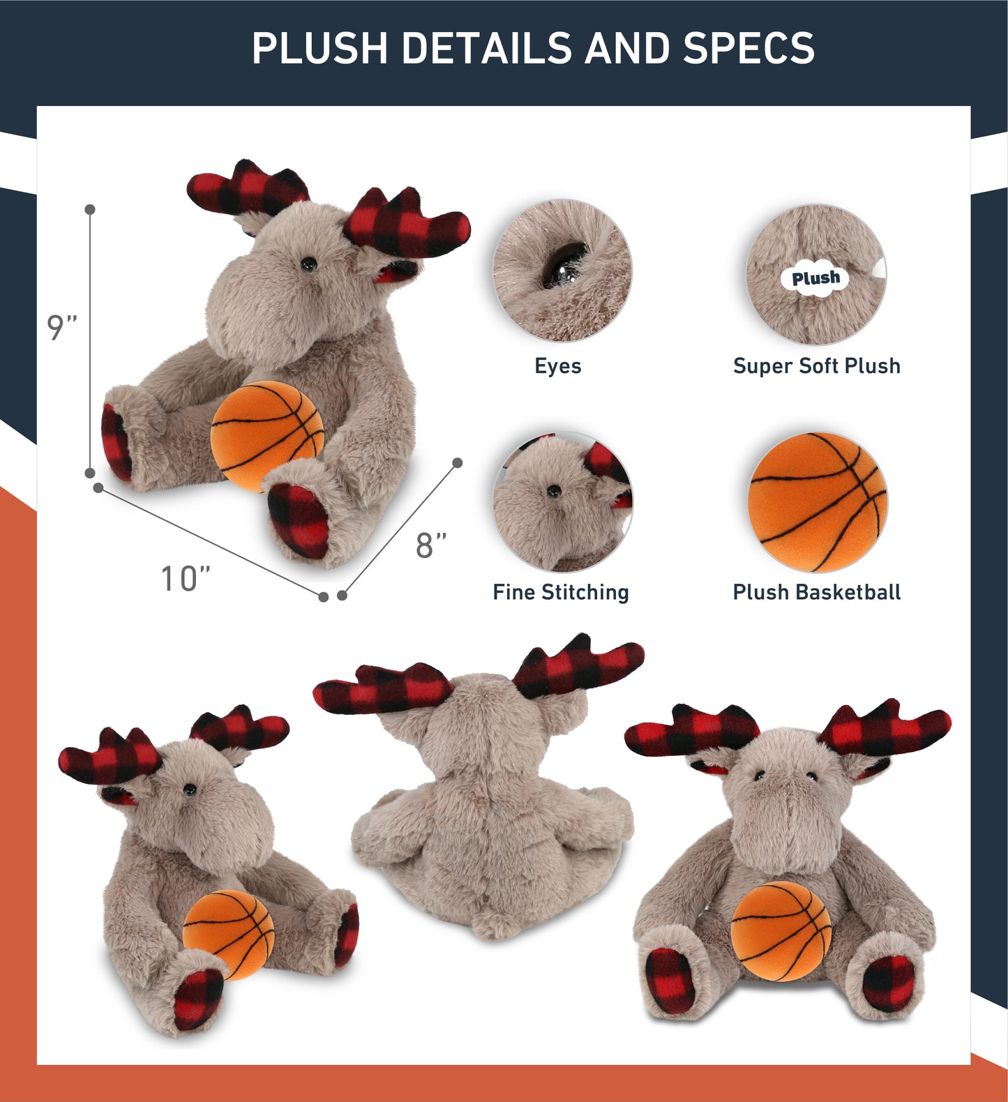 SUPER SOFT PLUSH - PLAID BEIGE MOOSE with Basketball Plush