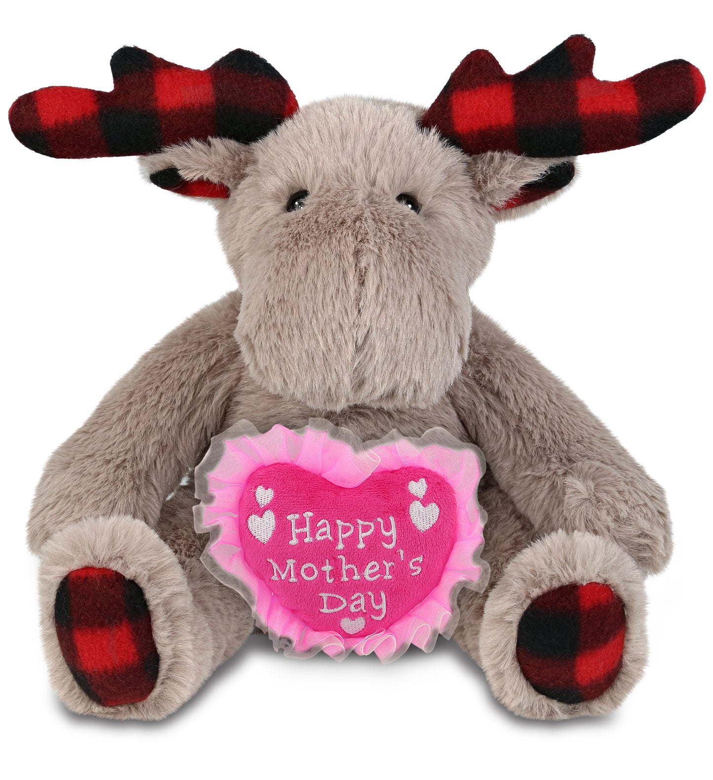 PLUSH MOTHERS DAY HEART - SUPER SOFT PLUSH - PLAID BEIGE MOOSE