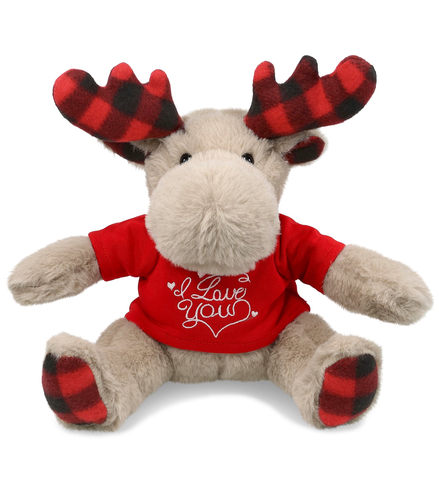 PLUSH I LOVE YOU RED SHIRT- SUPER SOFT PLUSH - PLAID BEIGE MOOSE