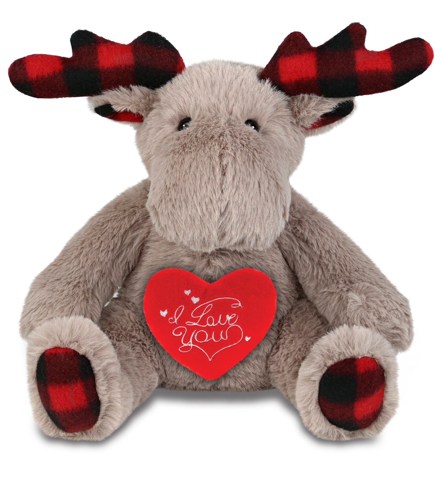 PLUSH I LOVE YOU RED HEART - SUPER SOFT PLUSH - PLAID BEIGE MOOSE