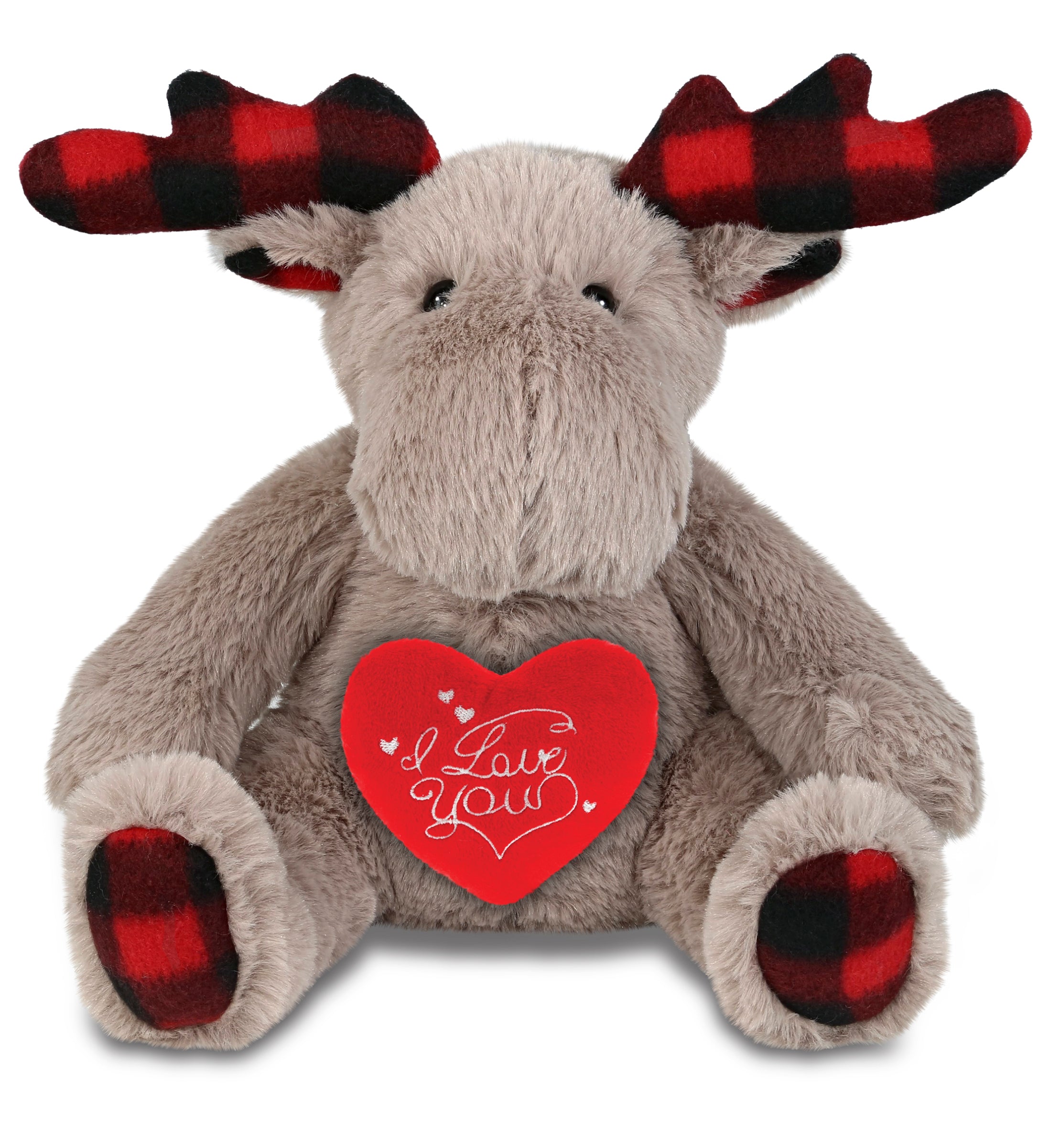 PLUSH I LOVE YOU RED HEART - SUPER SOFT PLUSH - PLAID BEIGE MOOSE
