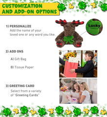 DolliBu Plaid Curly Moose Stuffed Animal with Green Plush Shamrock - 10 Inches