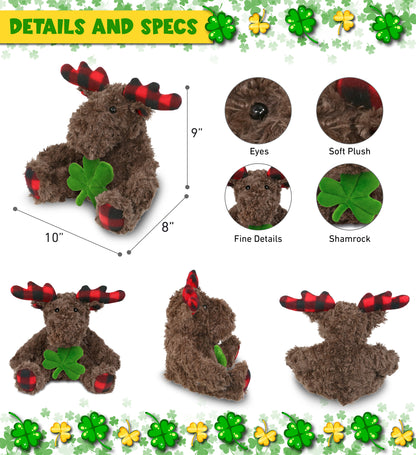 DolliBu Plaid Curly Moose Stuffed Animal with Green Plush Shamrock - 10 Inches