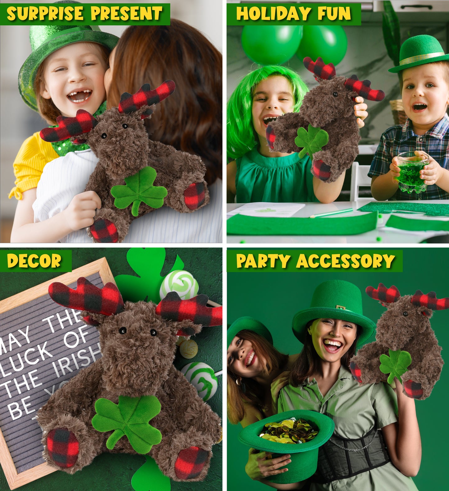 DolliBu Plaid Curly Moose Stuffed Animal with Green Plush Shamrock - 10 Inches