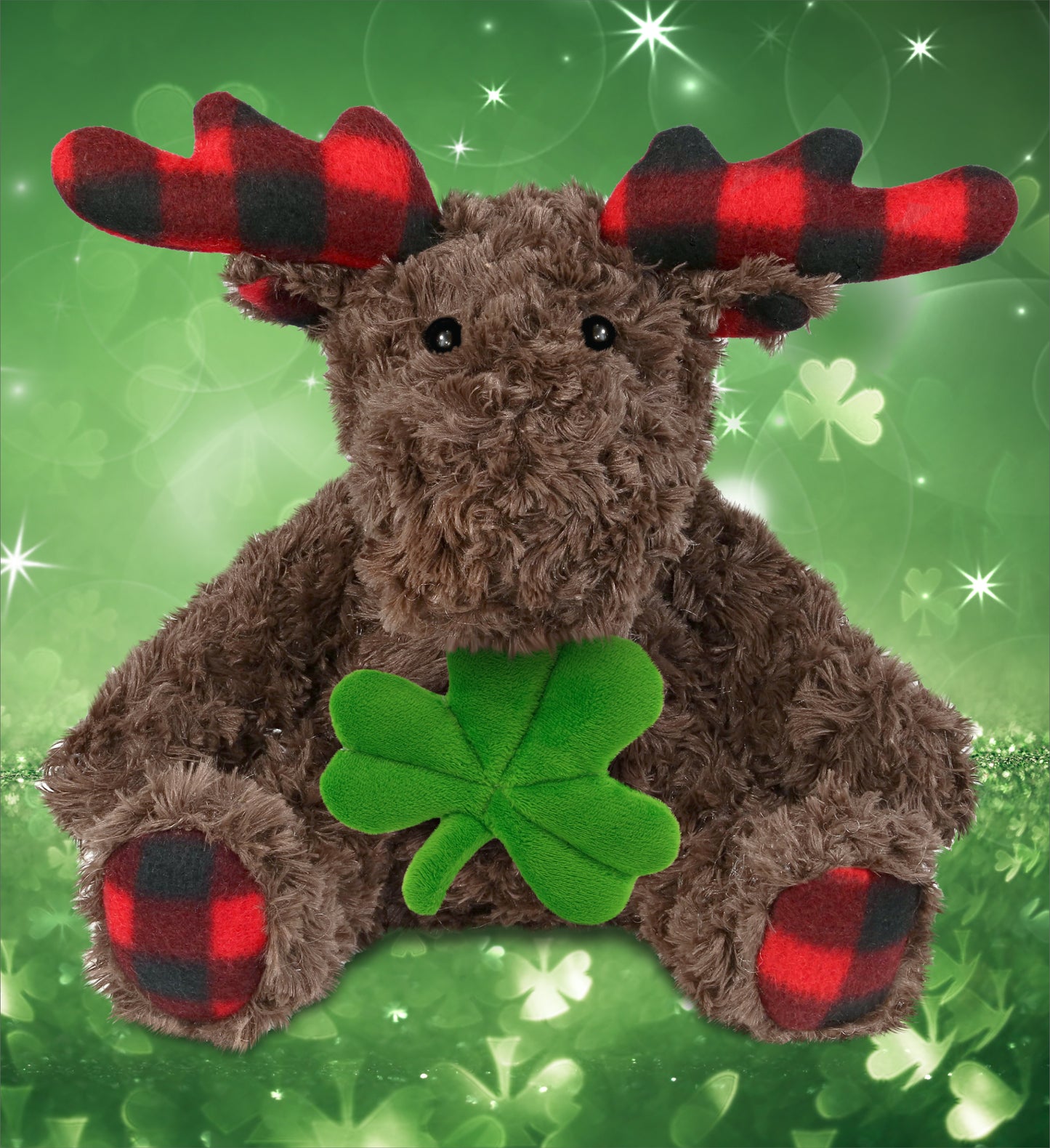 DolliBu Plaid Curly Moose Stuffed Animal with Green Plush Shamrock - 10 Inches