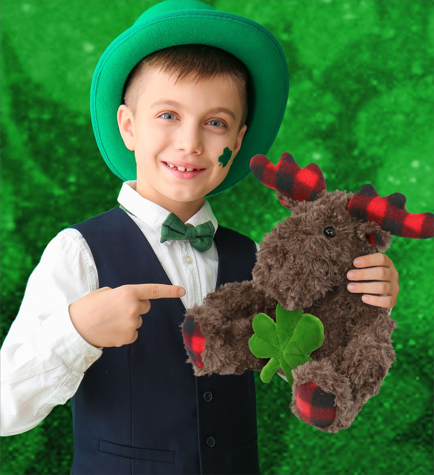 DolliBu Plaid Curly Moose Stuffed Animal with Green Plush Shamrock - 10 Inches