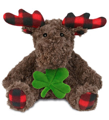 DolliBu Plaid Curly Moose Stuffed Animal with Green Plush Shamrock - 10 Inches