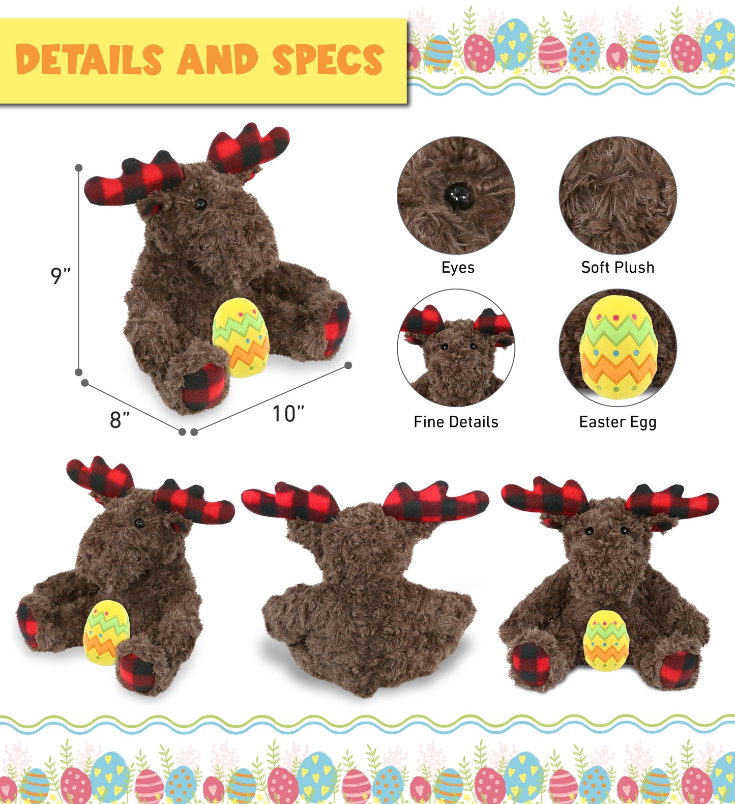 DolliBu Super Soft Plaid Curly Moose with Yellow Easter Egg Plush - 10 Inches