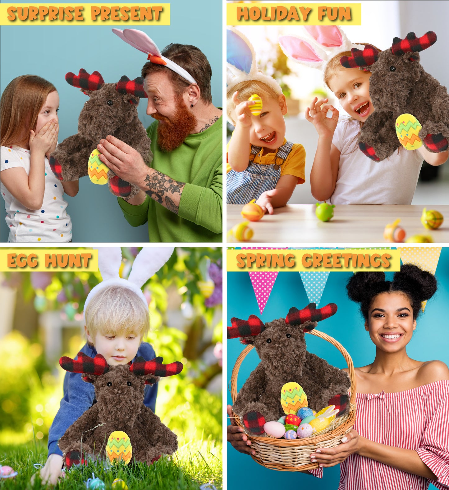 DolliBu Super Soft Plaid Curly Moose with Yellow Easter Egg Plush - 10 Inches