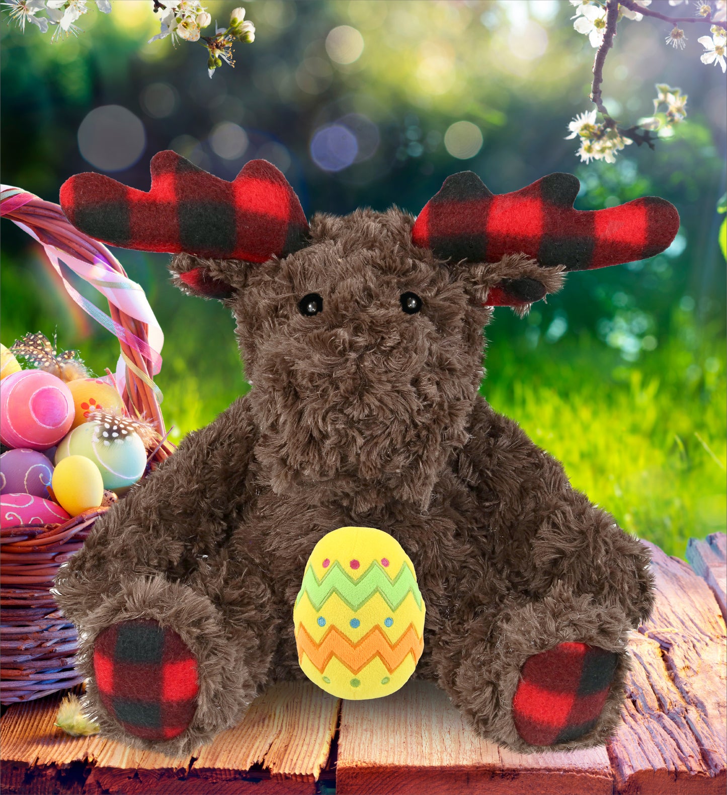 DolliBu Super Soft Plaid Curly Moose with Yellow Easter Egg Plush - 10 Inches
