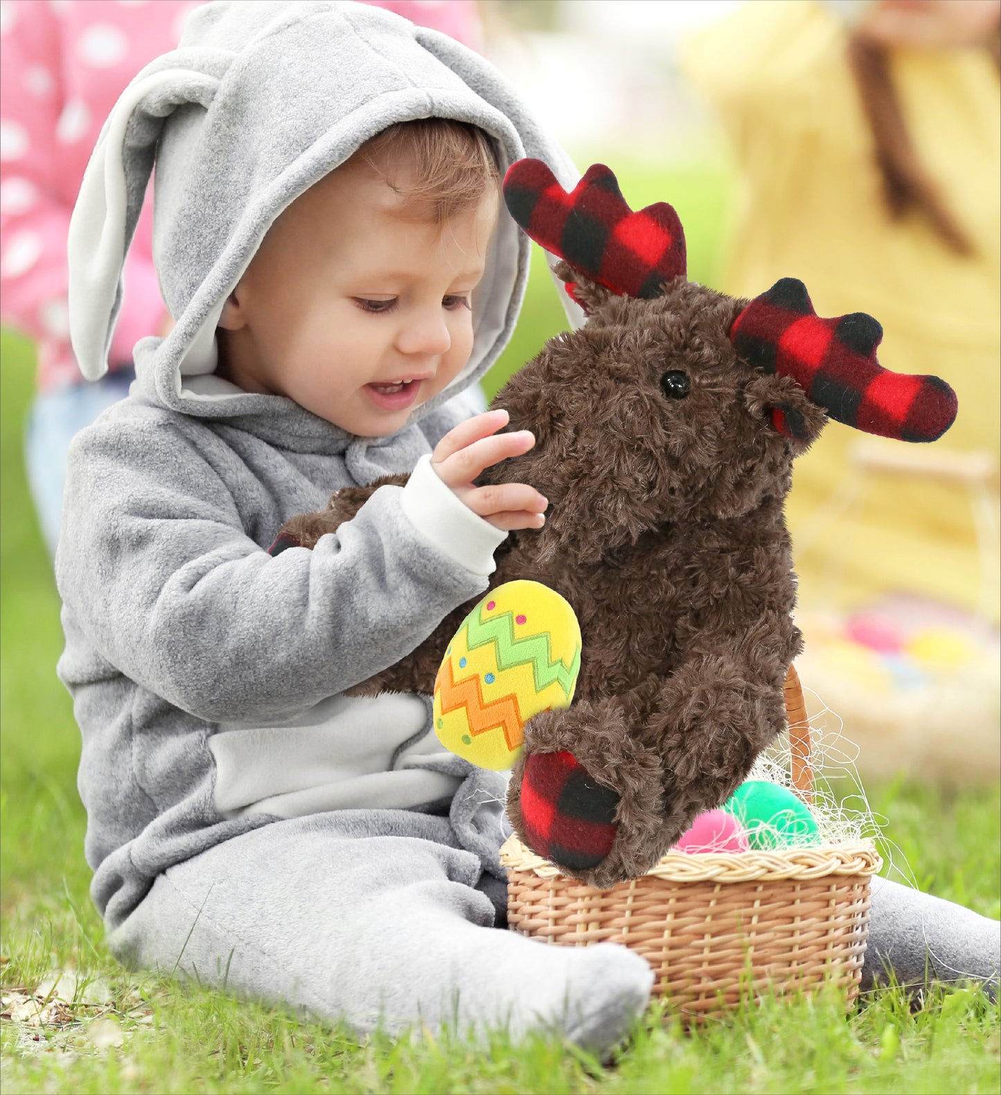 DolliBu Super Soft Plaid Curly Moose with Yellow Easter Egg Plush - 10 Inches