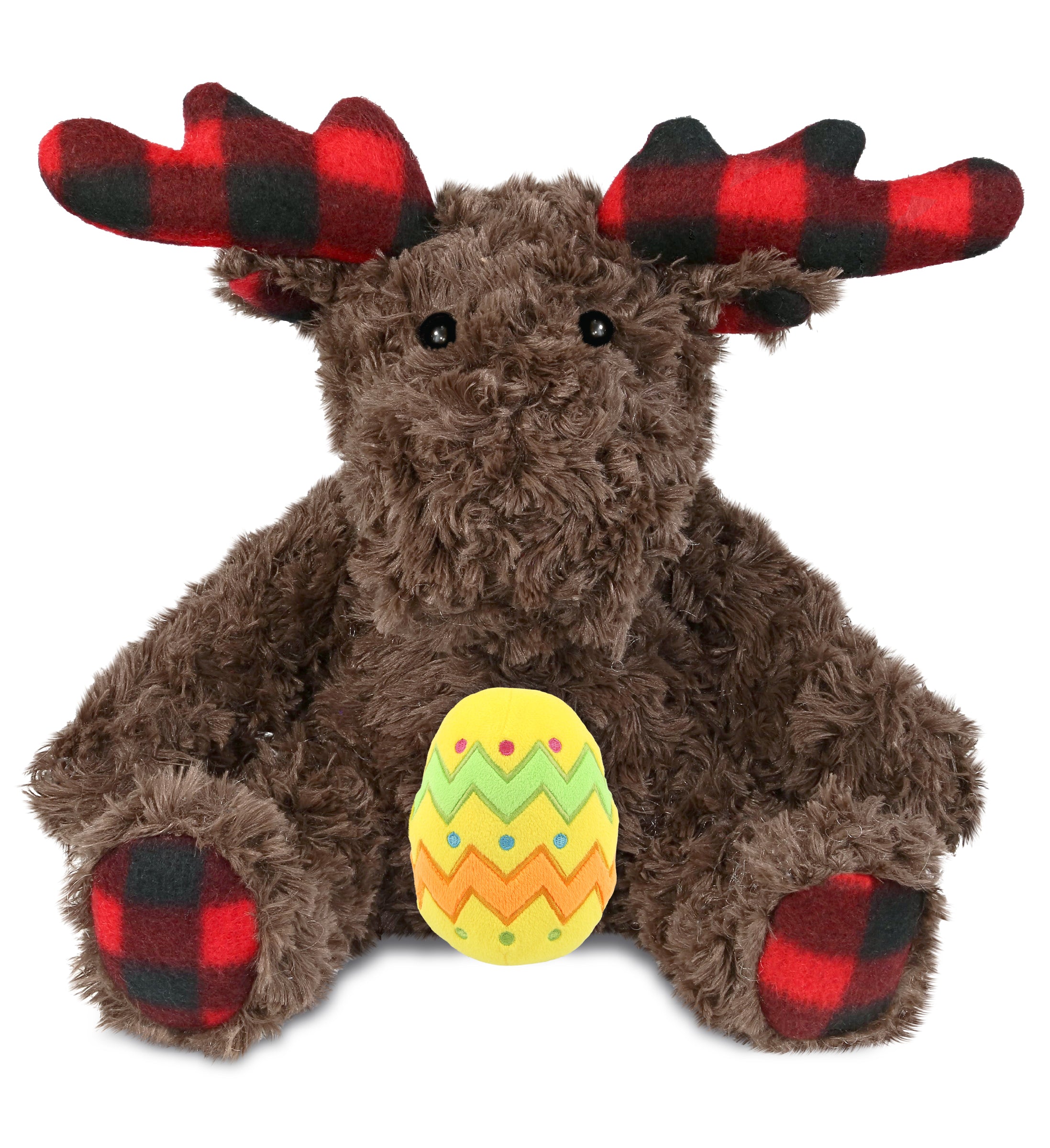 DolliBu Super Soft Plaid Curly Moose with Yellow Easter Egg Plush - 10 Inches