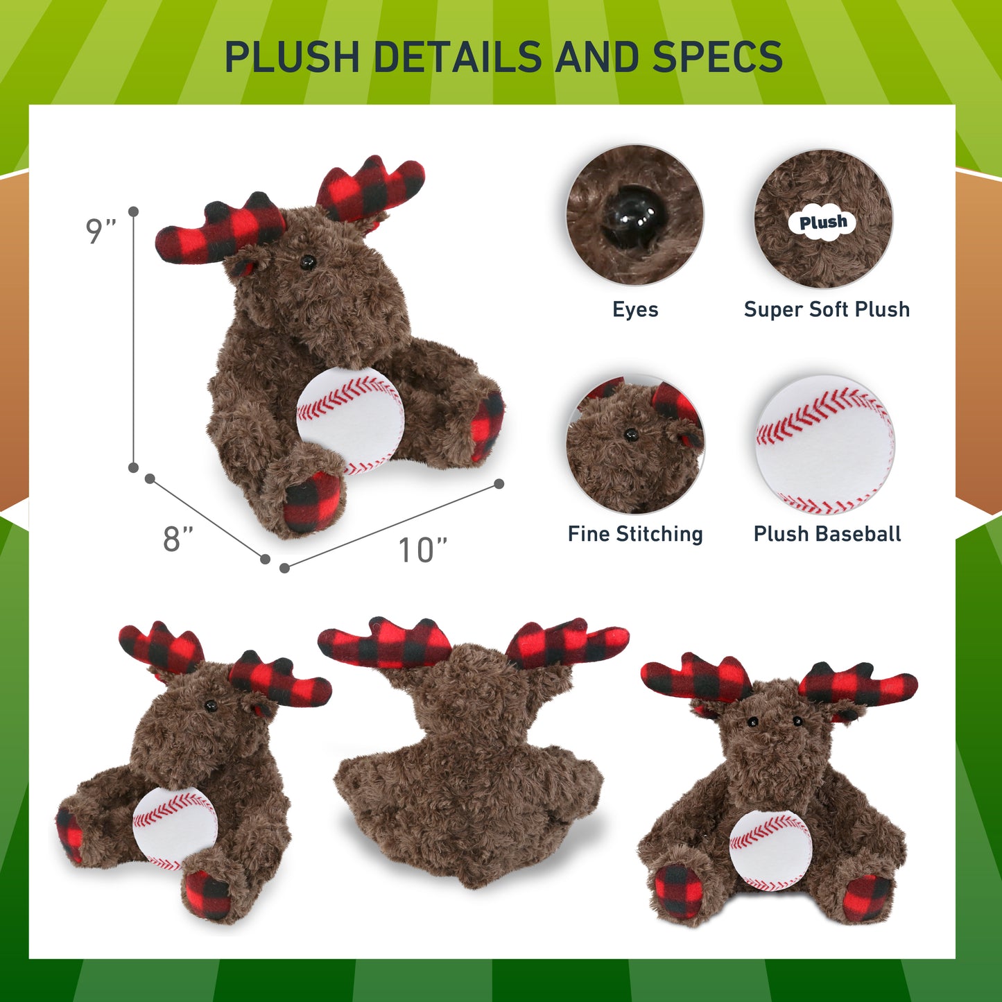 SUPER SOFT PLUSH - PLAID CURLY MOOSE with Baseball Plush