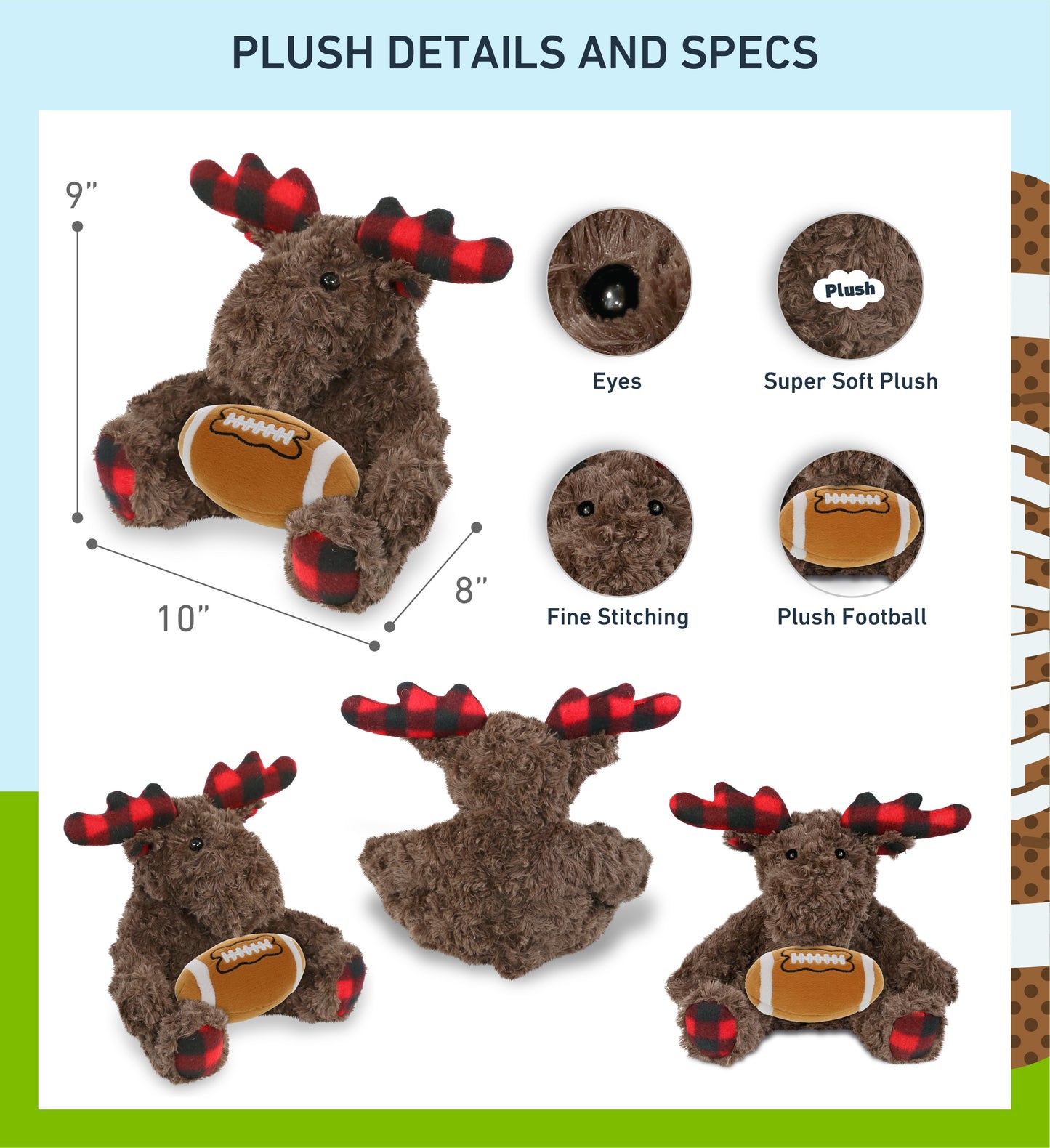 SUPER SOFT PLUSH - PLAID CURLY MOOSE with Football Plush
