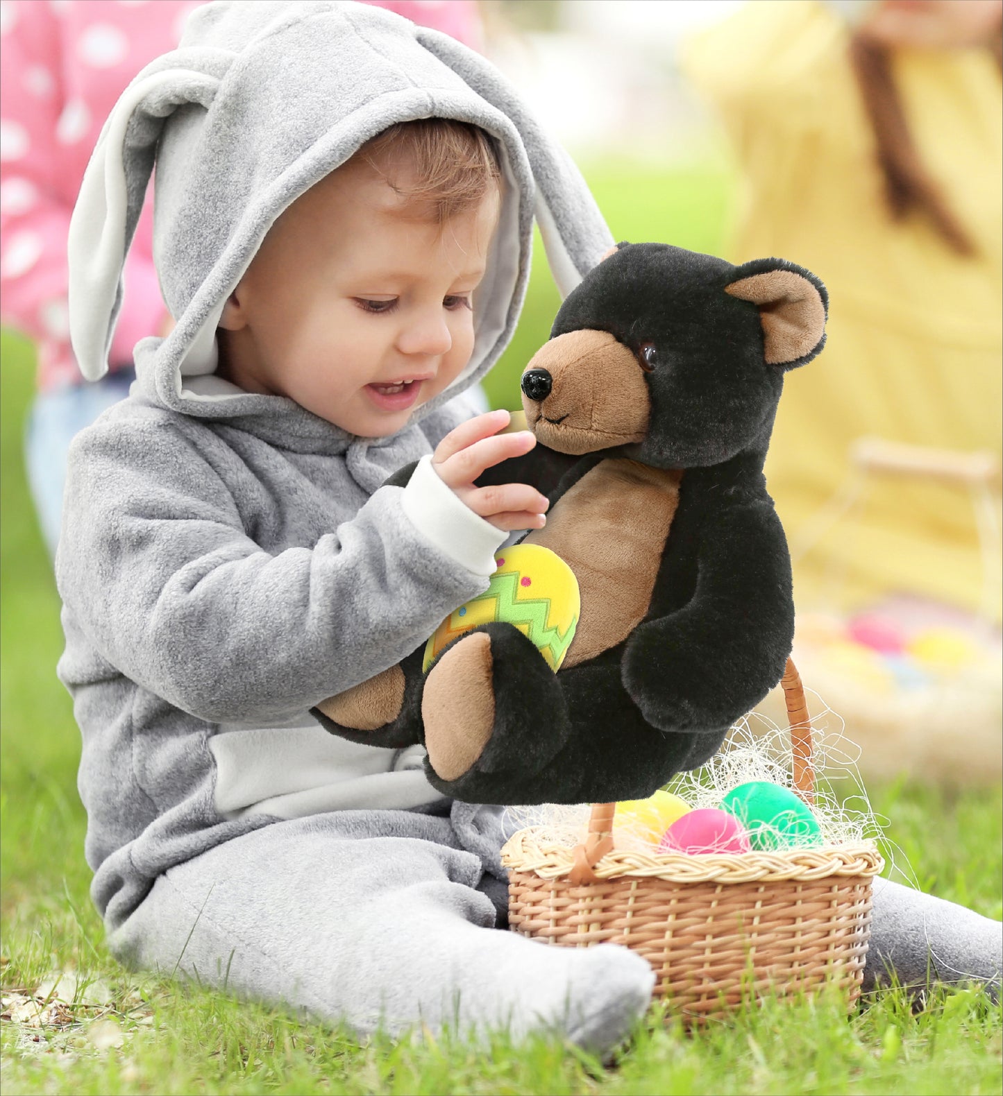 DolliBu Super Soft Cute Black Bear with Yellow Easter Egg Plush - 9 Inches