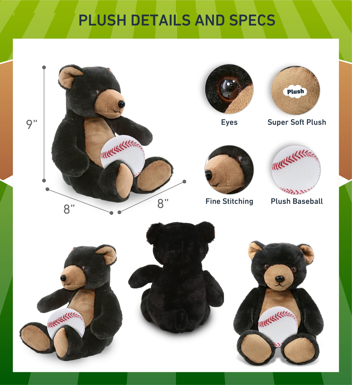 SUPER-SOFT PLUSH - BLACK BEAR 9" WITH BASEBALL PLUSH