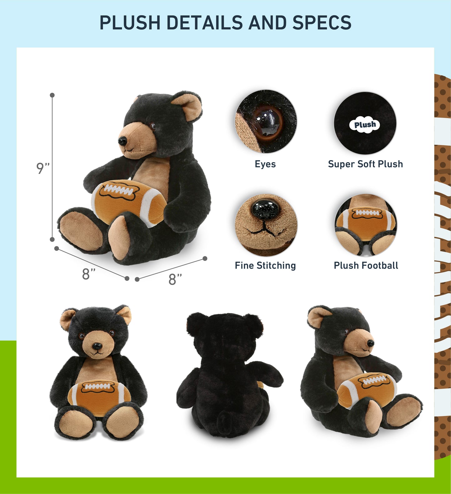 SUPER-SOFT PLUSH - BLACK BEAR 9" WITH FOOTBALL PLUSH