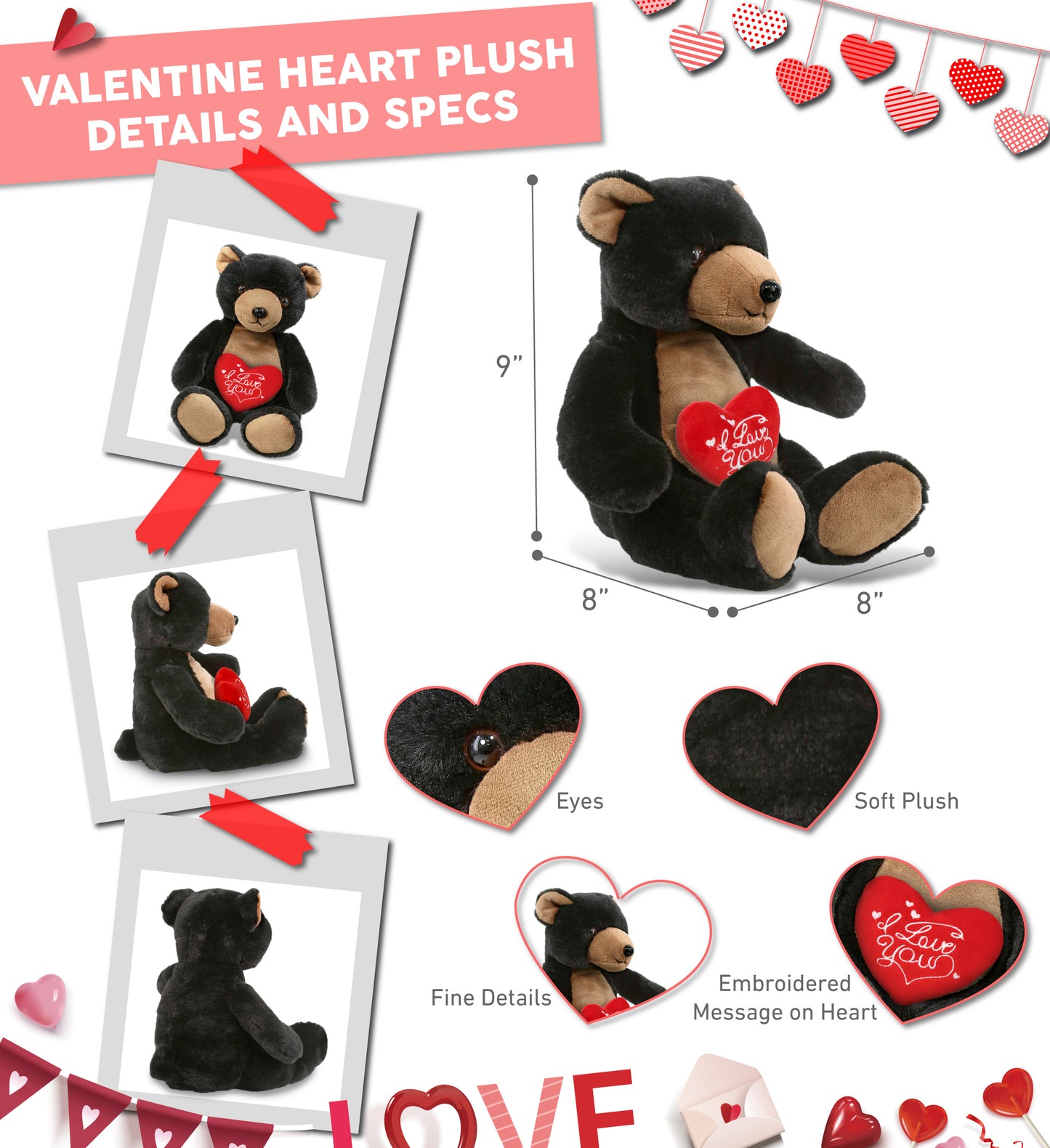 PLUSH I LOVE YOU RED HEART - SUPER-SOFT PLUSH - BLACK BEAR 9"