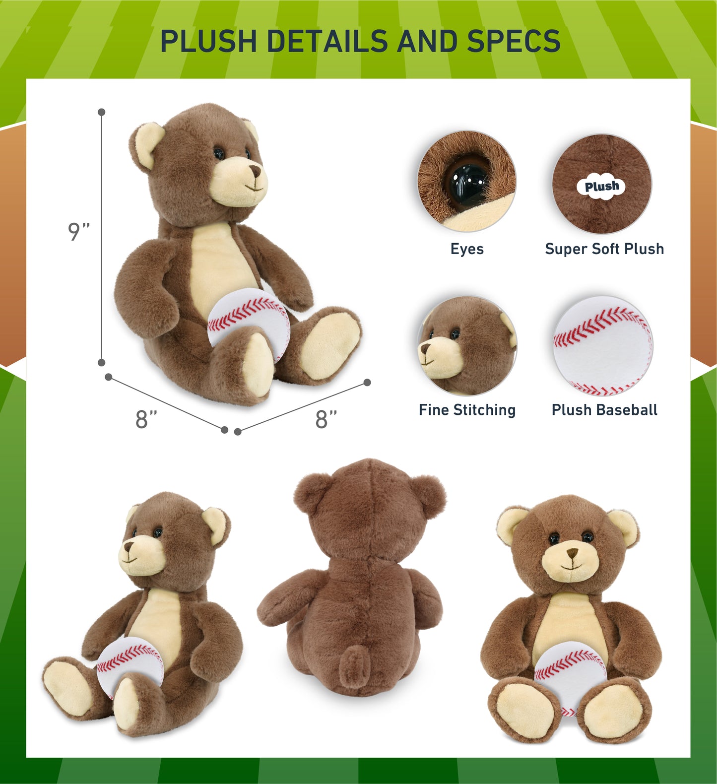 SUPER-SOFT PLUSH - BROWN BEAR 10" WITH BASEBALL PLUSH
