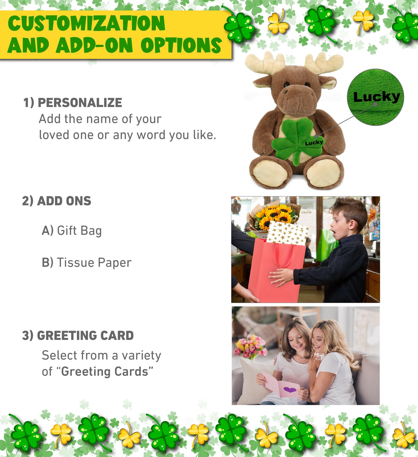 DolliBu Super Soft Moose Stuffed Animal with Green Plush Shamrock - 9 Inches