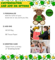DolliBu Super Soft Moose Stuffed Animal with Green Plush Shamrock - 9 Inches